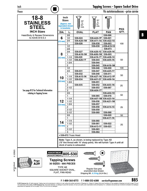 Tapping Screw Flat Square Socket #8 X 2" Lg Type A 18-8 Stainless Steel   536-045