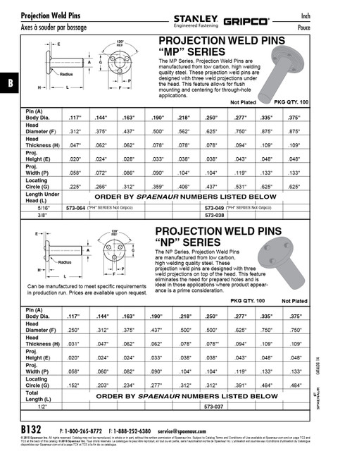 Projection Weld Pin Three Projections Top Of Head 0.250" Dia X 1/2" Long Low Carbon Steel   573-037