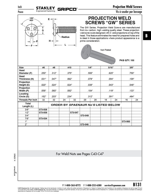 Projection Weld Screw Three Projections Top Of Head #6-32 Unc X 1/2" Long Low Carbon Steel Plain   573-059