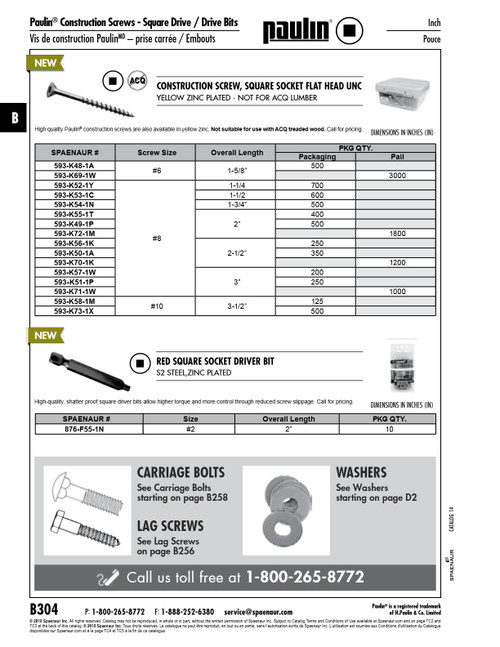 Construction Screw Square Socket Flat Head Unc #8 X 3"Lg Steel Yellow Zinc Plated Not Acq Approved 250Pc Per Pk   593-K51-1P