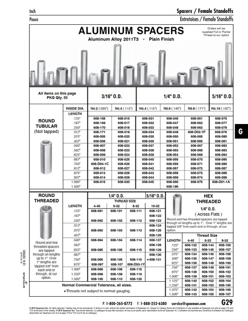 Spacer Round Tubular Not Tapped #4(.115")Id X 3/16"Od X .687" Lgth Aluminum Alloy 2011T3 Plain Finish   608-025