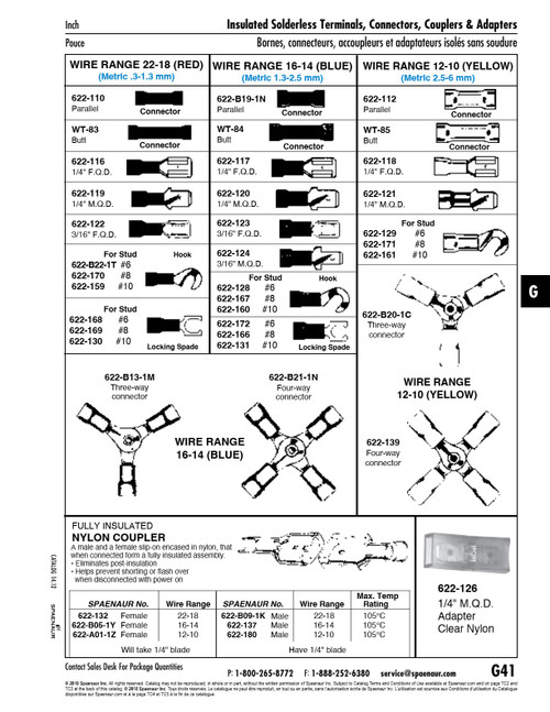 Copper Female Tab Socket Solderless Insulated 3/16" F.Q.D. 16-14 Ga. Wire Electrolytic Copper Blue Plastic Insulation Bright Tin Plate   622-123