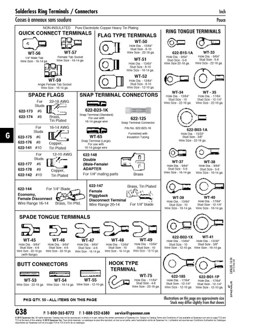 Brass Spade Flag Terminal Solderless Non-Insulated 22-18 Ga. Wire #8 Stud Brass Heavy Bright Tin Plate   622-174