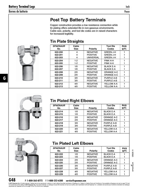 Post Top Battery Terminal Straight #4 Cable Universal Polarity Copper Tin Plated   622-203