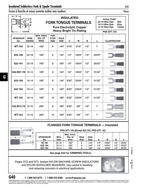 Spade Tongue Terminal Solderless Insulated 12-10 Wire #8 Stud Electrolytic Copper Tin Plated Yellow Plastic Insulator   622-B14-1X