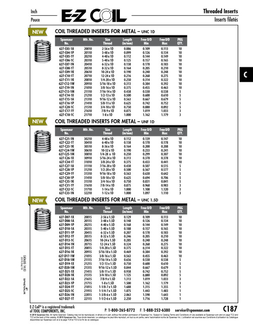E-Z Coil Helical Thread Insert Standard Free Running #6-40 Unf X .138" Length 18-8 Stainless Steel E-Z Lok # 30410   627-C22-1T
