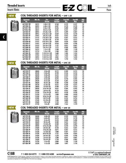 E-Z Coil Helical Thread Insert Standard Free Running 5/16-24 Unf X .625" Length 18-8 Stainless Steel E-Z Lok # 30920   627-C78-1P