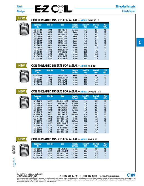 E-Z Coil Helical Thread Insert Metric Coarse M16 X 2.00Mm X 24.0Mm Length 18-8 Stainless Steel E-Z Lok # 41215   627-D59-1P