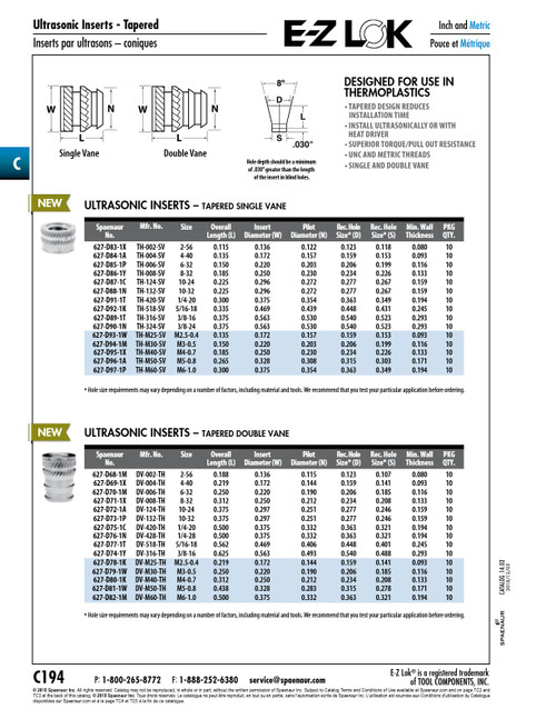Ultrasonic Tapered Insert #4-40 Unc X .219" Length Brass E-Z Lok # Dv-004-Th   627-D69-1X
