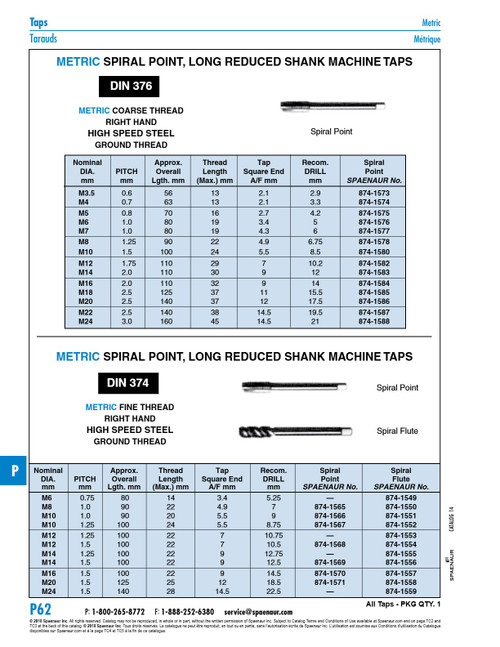 Spiral Flute Machine Tap Din 374 M8 X 1.00 Fine Pitch Long Shank High Speed Steel Ground Thread   874-1550