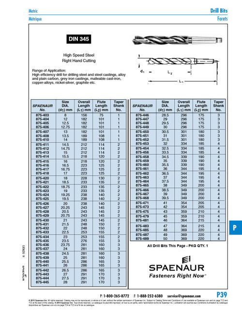 Taper Shank Twist Drill Din 345Rn 20.50Mm X 243Mm O/A Lgth (Morse#2) High Speed Steel Din 345Rn/Hss 20.5   875-428