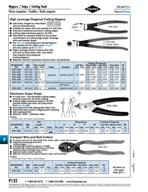 High Leverage Diagonal Cutting Nipper 140Mm (5.5") Long Chrome Vanadium Steelpolished Head Plastic-Coated Handles   876-1226