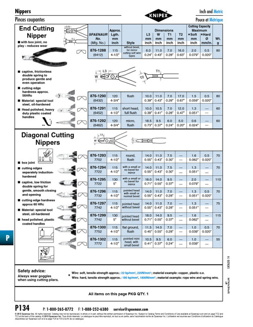 Electronics Diagonal Cutting Nipper Pointed Mini Head W/ Small Bevel 115Mm (4-1/2") O/A Lgth Tool Steel Polished Head Plastic Coated Handles   876-1302