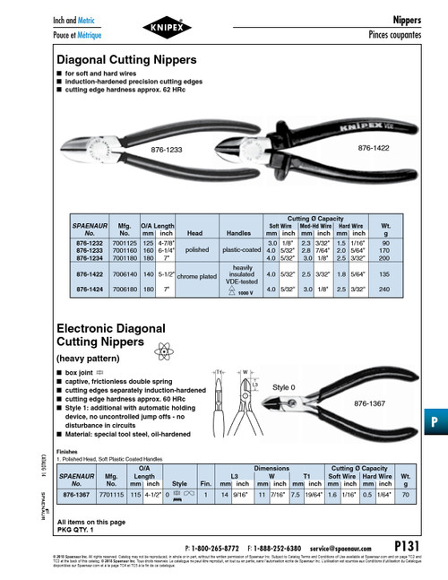 Diagonal Cutting Nipper 180Mm (7") Lgth Vanadium Steel Chrome Plated Head Insulated Handles Vde-Tested   876-1424