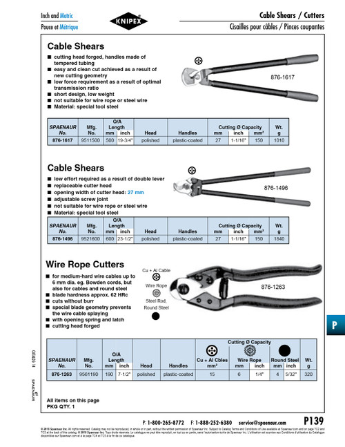 Cable Shears For Copper & Aluminum 27Mm Dia Cutting Capacity 600Mm (23-1/2") Lgth Tool Steel Polished Head Plastic-Coated Handles   876-1496