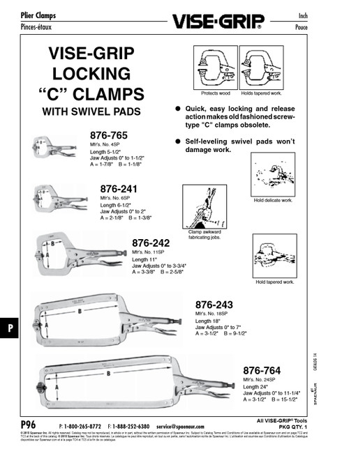 Vise-Grip Locking Clamp With Swivel Pads 18-1/4" Lg 8" Jaw Alloy Steel Heat Treated   876-243