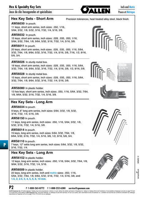 Allen Hex Key Set Long Arm Inch 11 Pc (.050"-3/8") Alloy Steel In Pouch   AW56150