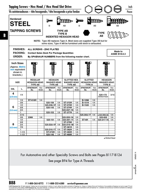 Tapping Screw Slot Indented Hex Hd #6 X 3/8" (Hex 1/4" Af) Type B Low Carb Steel Case Hard Zinc Chromate Plated Ansi B18.6.4-1981   B-1519