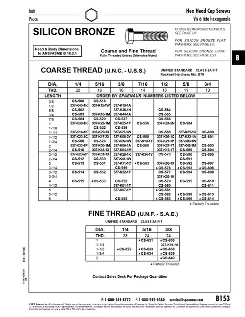 Hex Head Cap Screw 5/16"-18 Unc X 3" Silicon Bronze Ansi B18.2.1-1981   CS-531