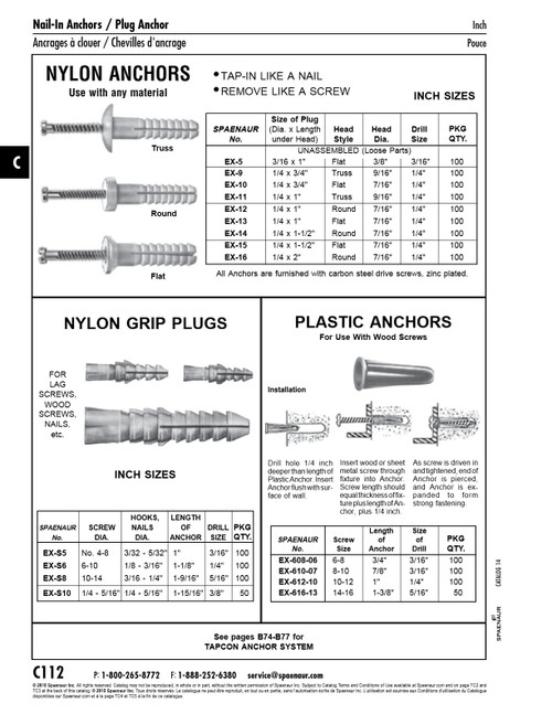 Nylon Anchor Round Head Unassembled With Drive Screw 1/4" Dia X 1" Long 7/16" Head Dia 1/4" Drill Size Nylon   EX-12