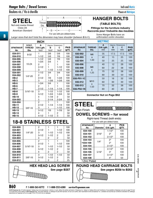 Hanger Bolt Nut End Coarse Thread 5/16"-18 Unc X 3 1/2" O/A L Steel Plain   HB-9