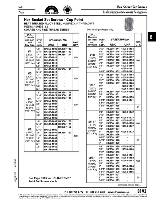 Holo-Krome Socket Set Screw Cup Pt 1/4"-20 Unc X 3/4" Lg Alloy Steel Heat Treated Plain Ansi B18.3-1986 Holo-Krome #32124   HK358-1060