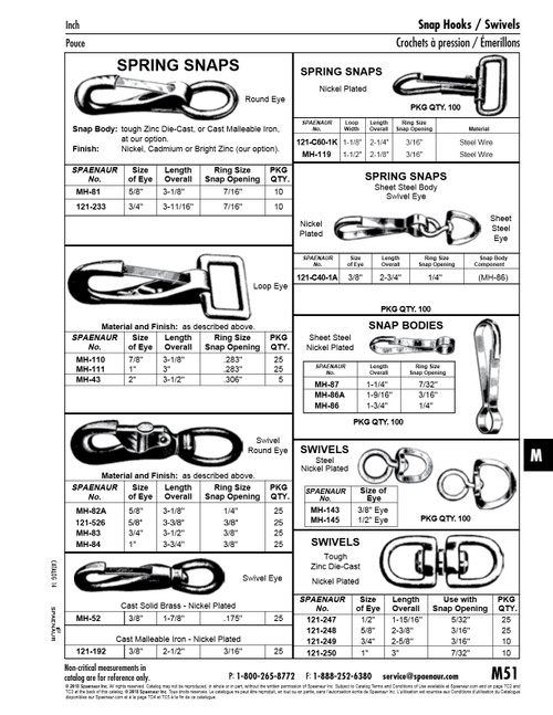 Spring Snap Fixed Loop Eye 7/8" Eye3 1/8" Oal .283" Snap Opening Cast Mall. Iron Cadmium Plated   MH-110