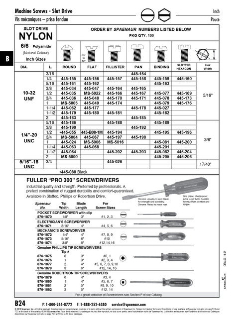 Machine Screw Fillister Slot Head 1/4"-20 Unc X 1" Nylon 6/6 Natural   MS-5016