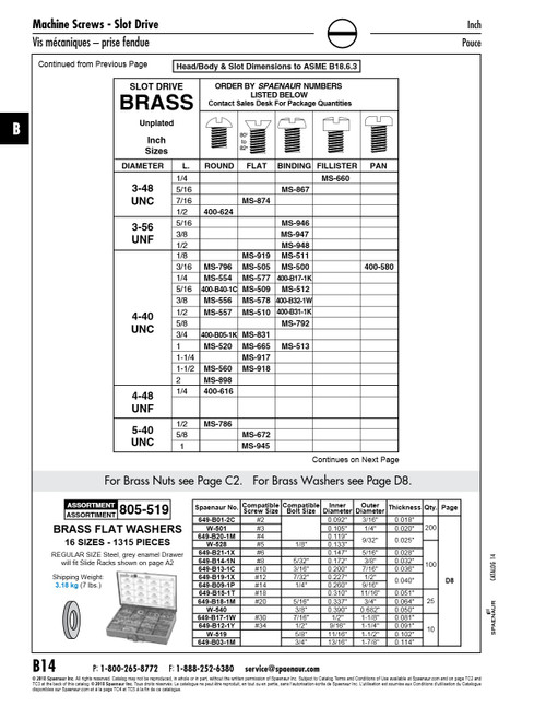 Machine Screw Fillister Slot Head #3-48 Unc X 1/4" Lg Brass Ansi B18.6.3-1972   MS-660