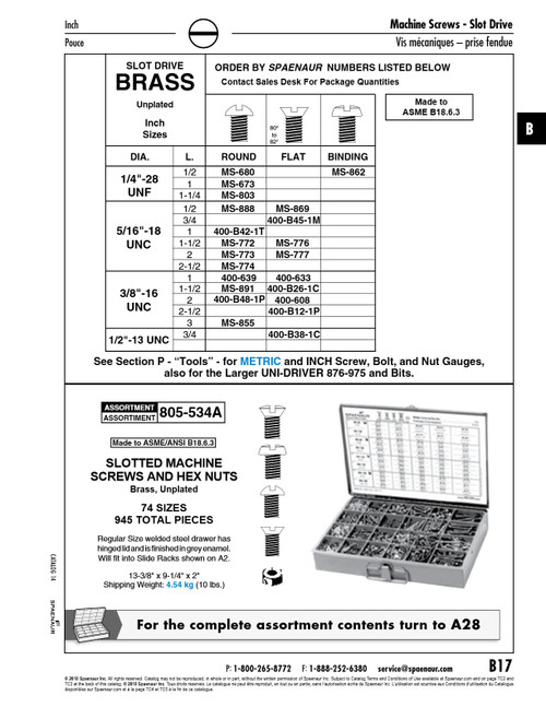 Machine Screw Binding Slot Head 1/4"-28 Unf X 1/2" Lg Brass Plain Finish Ansi B18-6.3-1972   MS-862