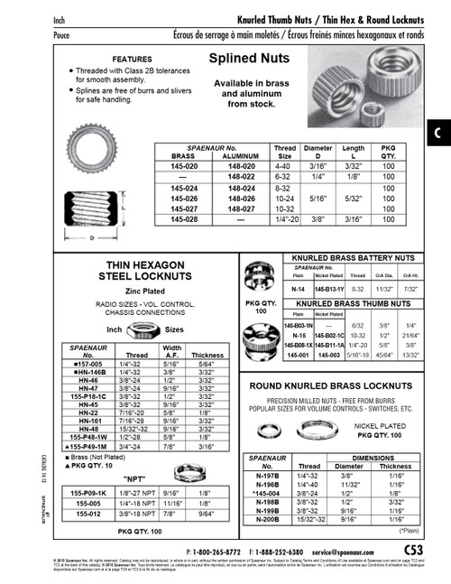 Round Knurled Locknut 3/8"-32 Thrd (1/2"Od X 3/32"Th) Brass Nickel Plated   N-198B