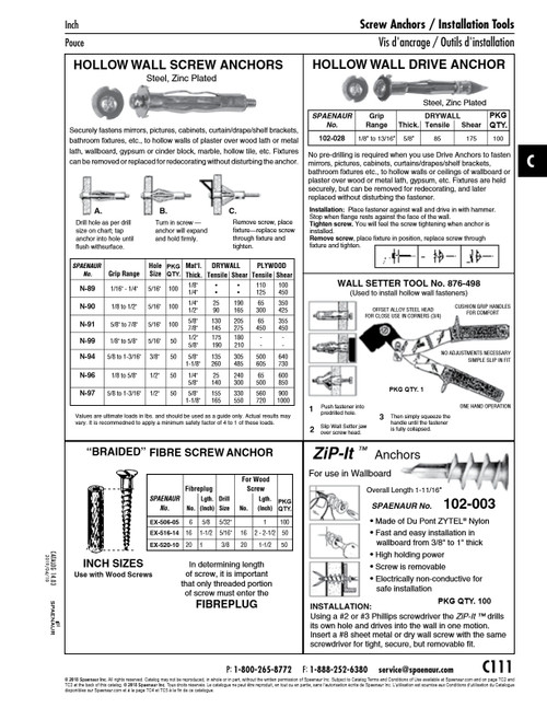 Wallgrip Screw Anchor 1/4"-20 (1/8"-5/8" Grip Range) 1/2" Drill Size Steel Zinc Plated   N-96