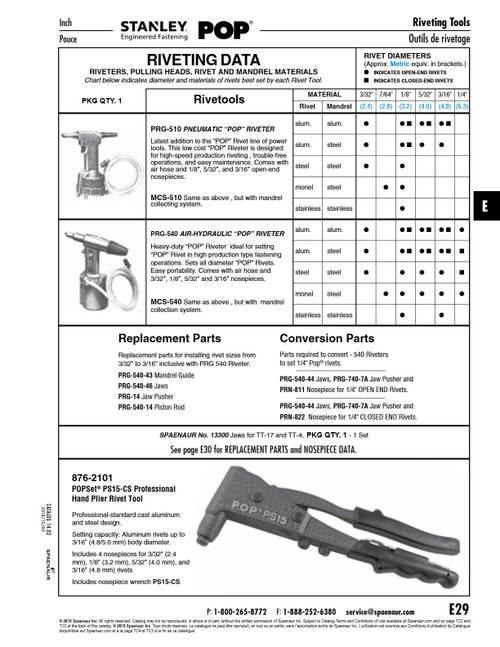 Pneumatic Pop Riveter With Jaw Service Kit (1/8" 5/32" & 3/16" Nose Pieces) Steel   PRG-510