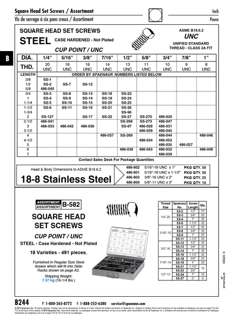 Square Head Set Screw Cup Point 7/16" - 14 Unc X 3/4" Long Steel Case Hardened Plain Ansi B18.6.2   SS-18