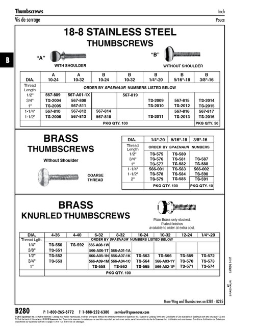 Thumb Screw Without Shoulder 1/4"-20 Unc X 1" Brass Plain Finish   TS-577