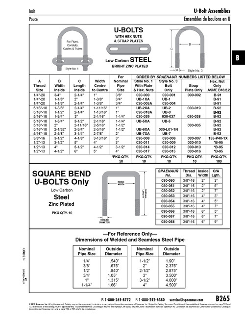 U-Bolt Only (No Nut No Plate) 5/16"-18 For Pipe Size 1 1/4" Steel Zinc Clear Plated   UB-5