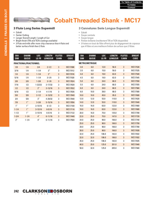 7/16" Cobalt 3 Flute Long Threaded Shank End Mill   MC17028