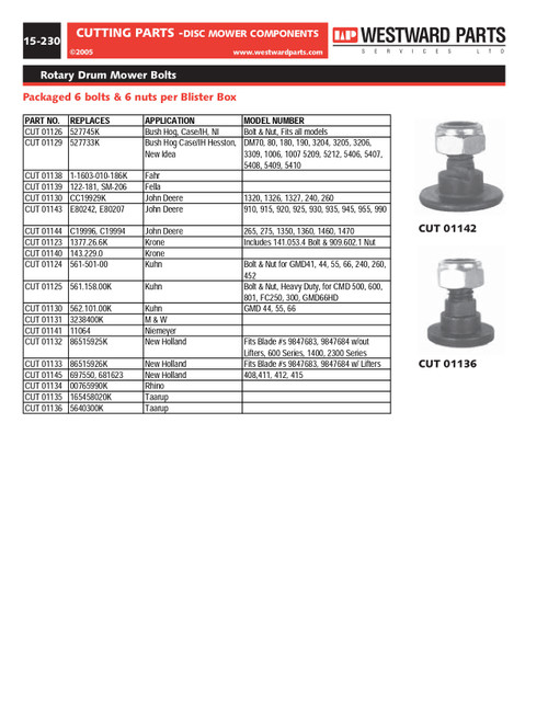 6 Pack Rotary Drum Mower Bolts w/Nuts  CUT01145
