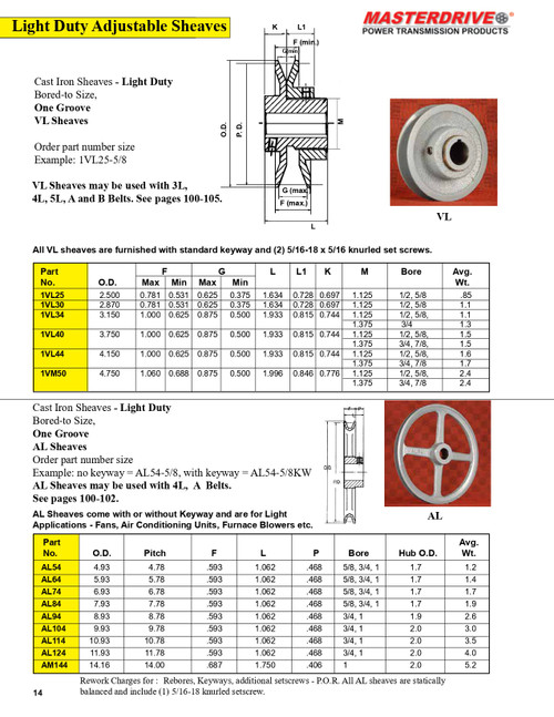 4.93 x 5/8" "A" Single Groove Light Duty Sheave  AL54-5/8