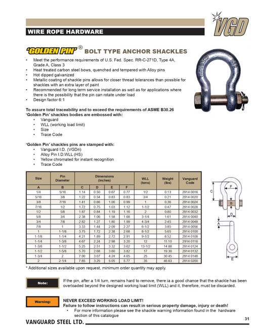 1-3/8" Golden Pin® Bolt Anchor Shackle   2914 0124