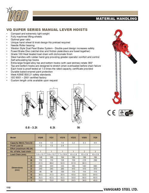 1.6T @ 5' Lift VQ Super Series Lever Chain Hoist   3855 30516
