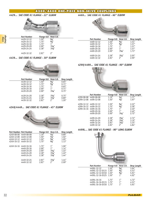 1/2 x 3/4" (1.50" Flange) Pulsar 4400 Series Hose Crimp - Code 61 Flange 45° Elbow  4449-12-08