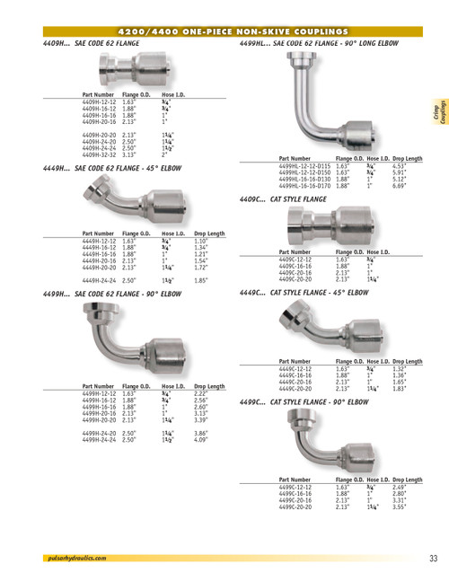 1-1/4 x 1-1/4" (2.13" Flange) Pulsar 4400 Series Hose Crimp - CAT® Style Flange 45° Elbow  4449C-20-20