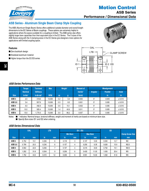 6mm x 6mm Shaft Lovejoy® ASB 4 Single Beam Clamp Coupling   ASB4-BEAM CP-6MMX6MM
