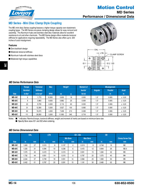 12mm x 14mm Shaft Lovejoy® MD-32C Mini Disc Clamp Coupling   MD32C-CP-12MMX14MM