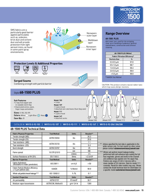 Ansell AlphaTec® 1500+ Series General Duty Anti-Static Chemical Suit w/Hood & Boots  WH15-S-92-107
