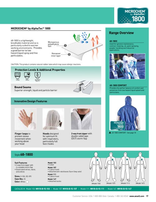 Ansell AlphaTec® 1800 Series Light Duty Anti-Static Chemical Suit w/Hood  WH18-B-92-111