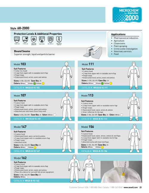 Ansell AlphaTec® 2000 Series Fine Particle/Clean Room Chemical Suit w/Hood & Hi-Viz Tape  WH20-B-92-113