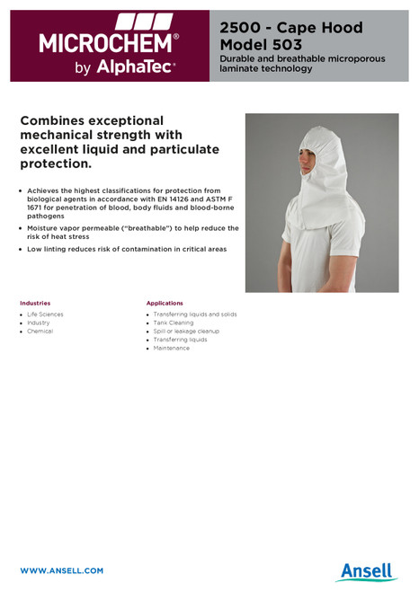 Ansell AlphaTec® 2500 Series Heavy Duty Pathogen/Bloodborne Cape Hood  WH25-B-92-503