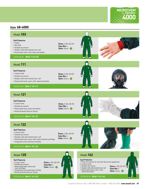 Ansell AlphaTec® 4000 Series Warfare/Biological Agents Chemical Suit w/Hood & Gloves  GR40-T-92-121